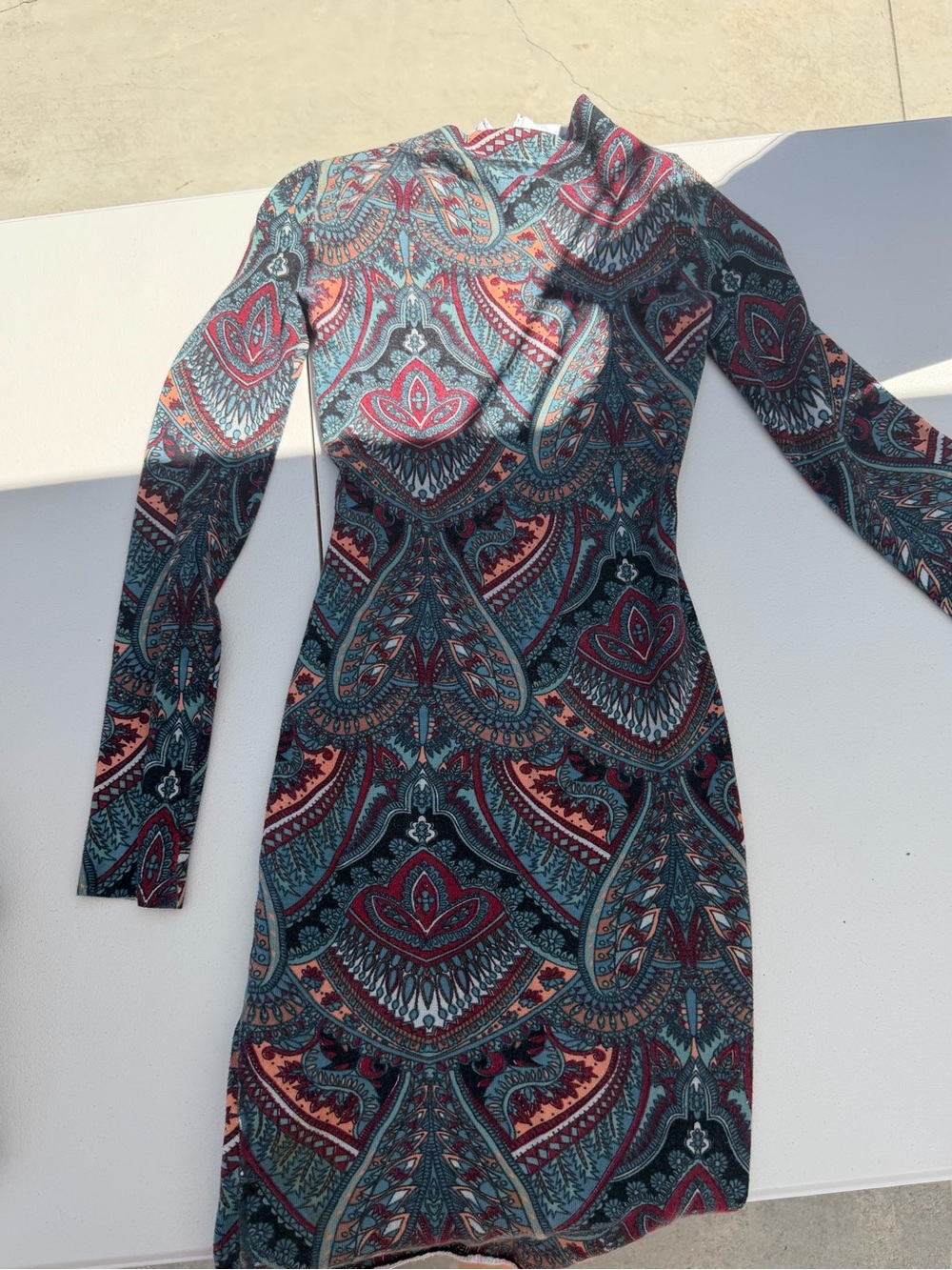 Marciano Teal & Burgundy Paisley Long Sleeve Dress